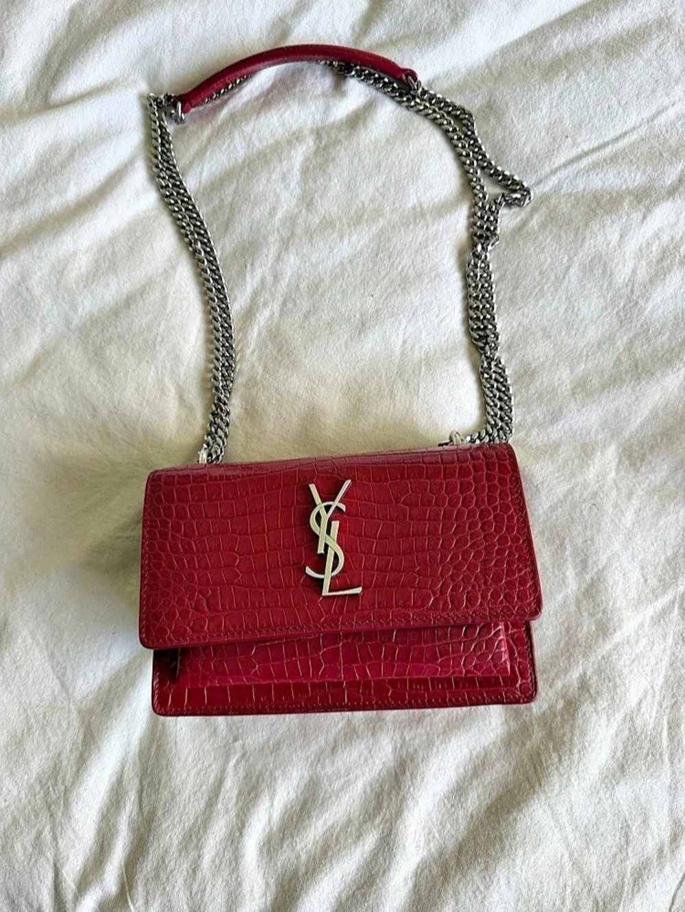 Yves Saint Laurent Medium Sunset Bag in Crocodile-Embossed Leather Croc-Embossed